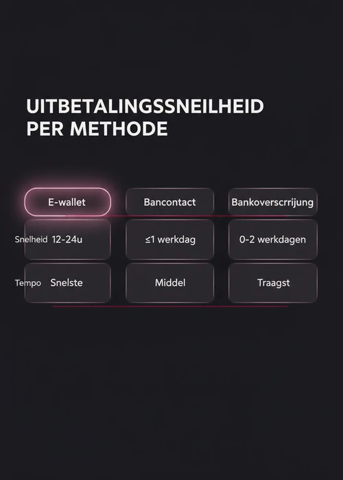 Een overzicht van digitale betaalmethoden zoals Bancontact en e-wallets, met munten en speelkaarten die snelle uitbetalingen symboliseren in een online casino omgeving.