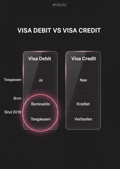 Een Visa debetkaart op een tafel naast fiches en een laptop, symboliserend online gokken in België